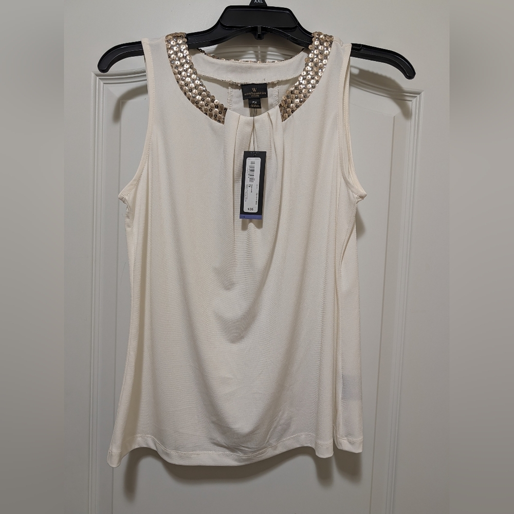 Worthington Blouse Petite Medium, Sleeveless  Cream, Bronze Sequins Front & Back
